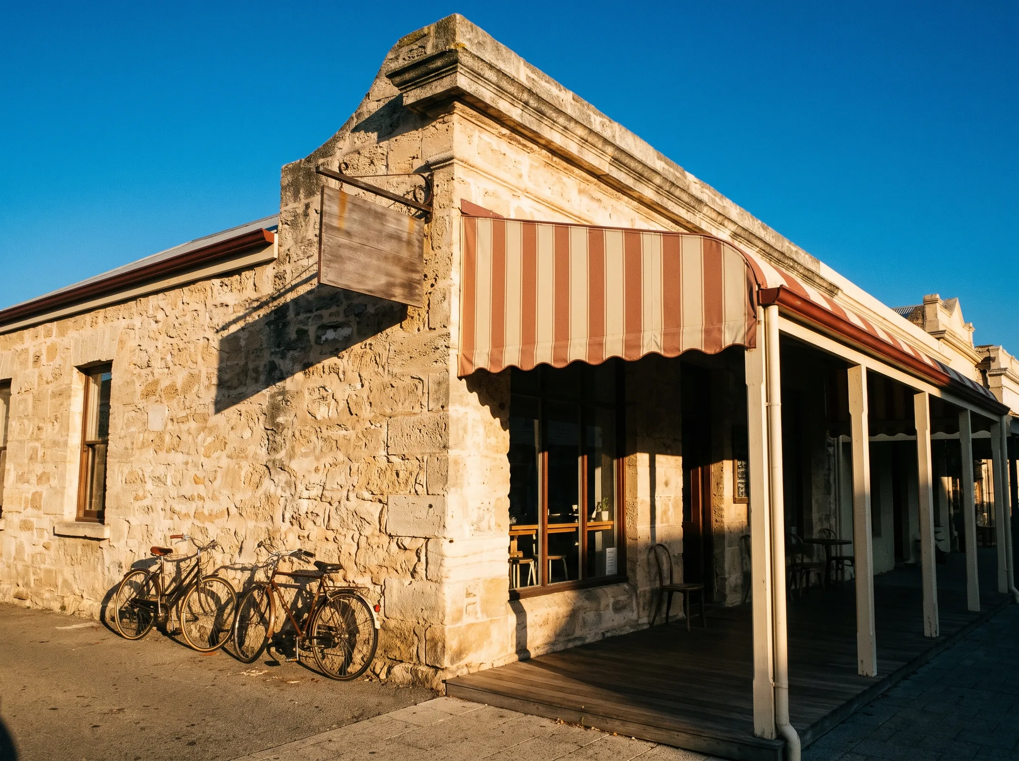The limestone corner shopfront in golden light