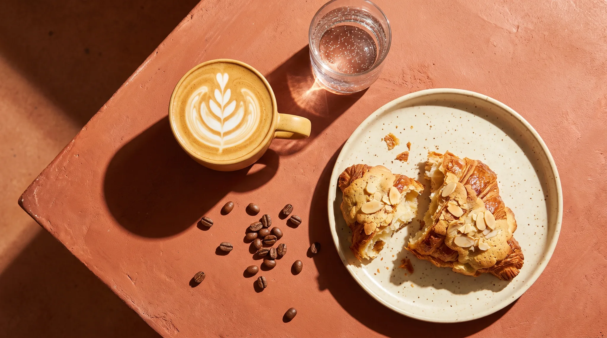 Overhead shot of latte art and a croissant on a terracotta table in hard morning sunlight