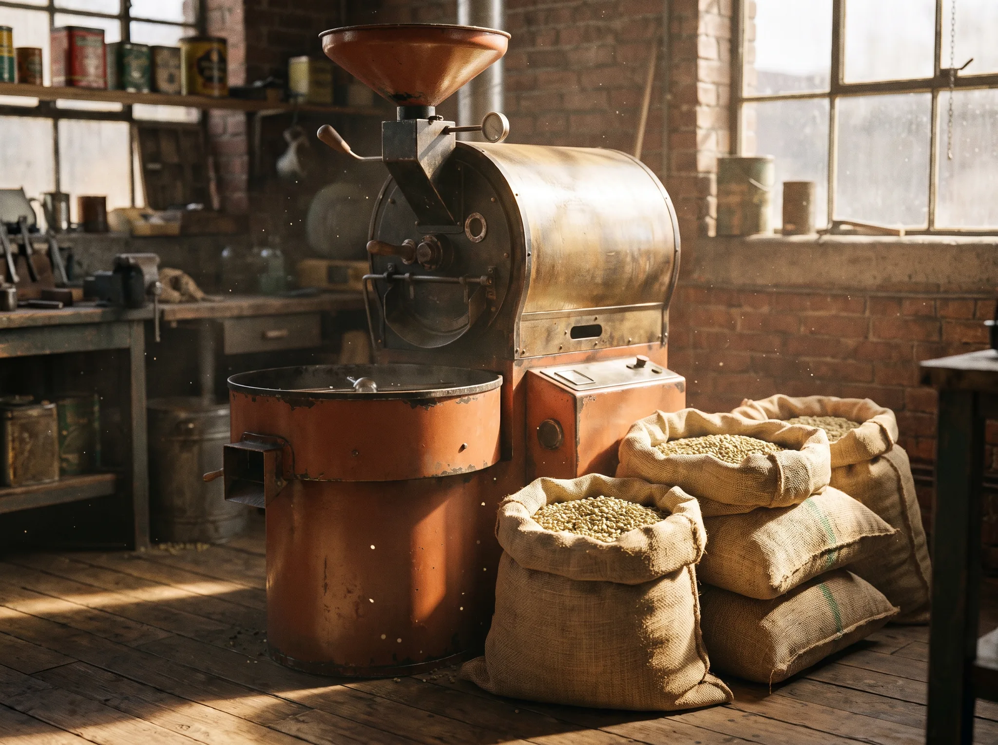 Vintage drum coffee roaster surrounded by hessian sacks of green beans